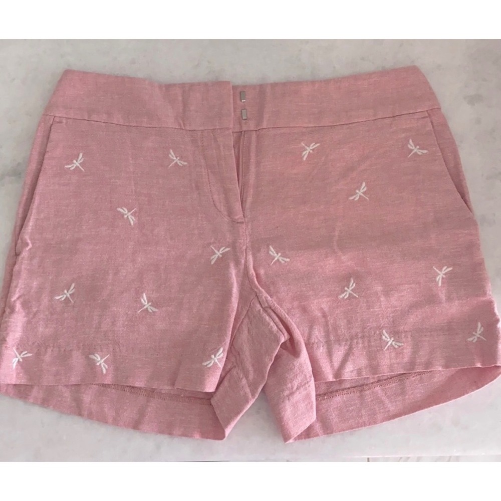 LOFT The Riviera Short Pink Dragonfly Embroidered Linen Blend Shorts Size 8